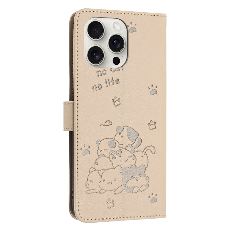 For iPhone 16 Pro Embossed Kitten Phone Leather Case with Lanyard(Beige) - iPhone 16 Pro Cases by buy2fix | Online Shopping UK | buy2fix