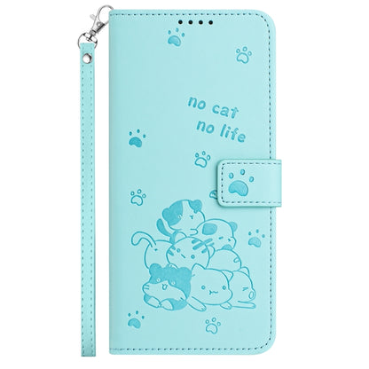 For iPhone 16 Plus Embossed Kitten Phone Leather Case with Lanyard(Mint Green) - iPhone 16 Plus Cases by buy2fix | Online Shopping UK | buy2fix