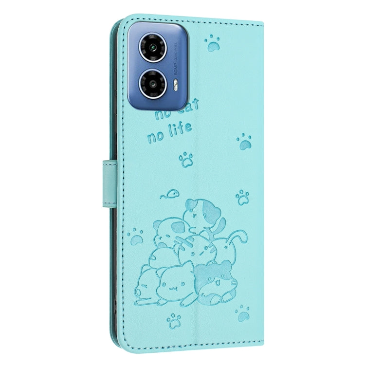 For Motorola Moto G 5G 2024 Embossed Kitten Phone Leather Case with Lanyard(Mint Green) - Motorola Cases by buy2fix | Online Shopping UK | buy2fix