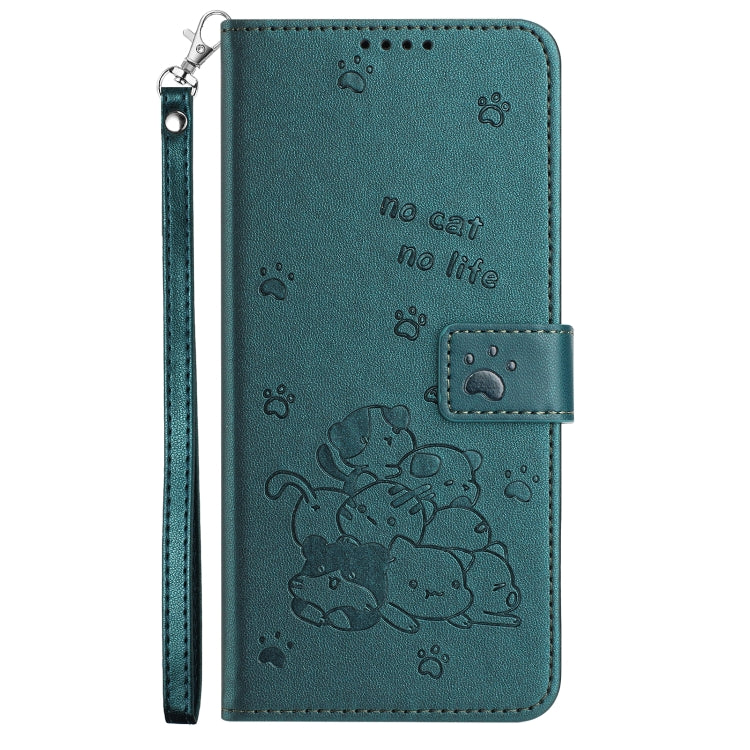 For Motorola Moto G Power 5G 2024 Embossed Kitten Phone Leather Case with Lanyard(Dark Green) - Motorola Cases by buy2fix | Online Shopping UK | buy2fix