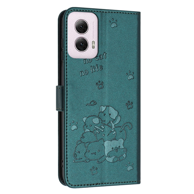 For Motorola Moto G Power 5G 2024 Embossed Kitten Phone Leather Case with Lanyard(Dark Green) - Motorola Cases by buy2fix | Online Shopping UK | buy2fix