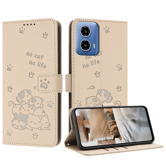 For Motorola Moto G Stylus 5G 2024 Embossed Kitten Phone Leather Case with Lanyard(Beige) - Motorola Cases by buy2fix | Online Shopping UK | buy2fix