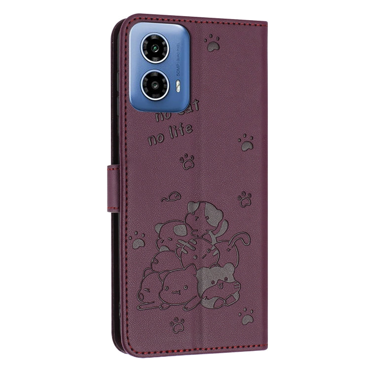 For Motorola Moto G Stylus 5G 2024 Embossed Kitten Phone Leather Case with Lanyard(Wine Red) - Motorola Cases by buy2fix | Online Shopping UK | buy2fix