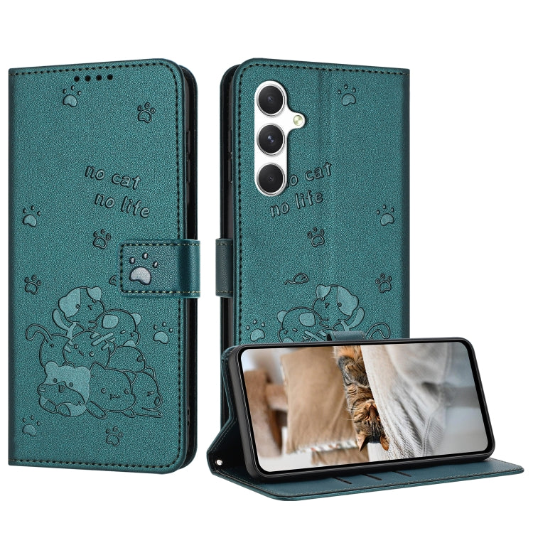 For Samsung Galaxy S25+ / S24+ 5G Embossed Kitten Phone Leather Case with Lanyard(Dark Green) - Galaxy S24+ 5G Cases by buy2fix | Online Shopping UK | buy2fix