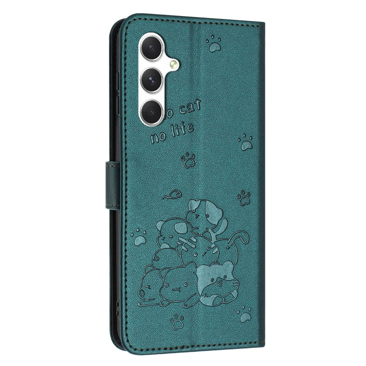 For Samsung Galaxy S25+ / S24+ 5G Embossed Kitten Phone Leather Case with Lanyard(Dark Green) - Galaxy S24+ 5G Cases by buy2fix | Online Shopping UK | buy2fix