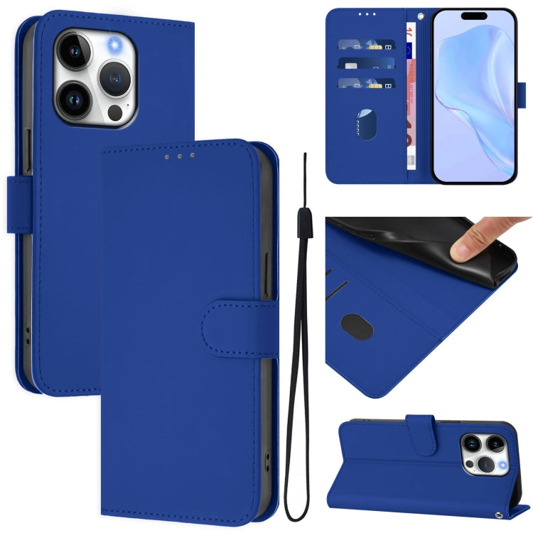 For iPhone 16 Pro Skin Feel Solid Color Leather Phone Case with Lanyard(Dark Blue) - iPhone 16 Pro Cases by buy2fix | Online Shopping UK | buy2fix