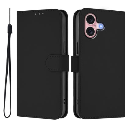 For iPhone 16 Skin Feel Solid Color Leather Phone Case with Lanyard(Black) - iPhone 16 Cases by buy2fix | Online Shopping UK | buy2fix