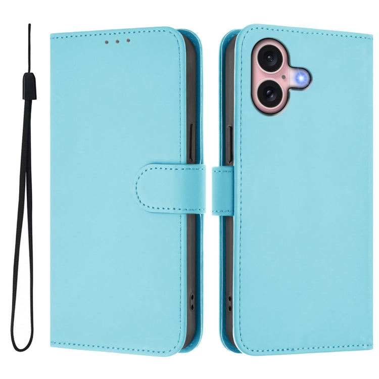 For iPhone 16 Skin Feel Solid Color Leather Phone Case with Lanyard(Sky Blue) - iPhone 16 Cases by buy2fix | Online Shopping UK | buy2fix