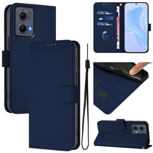 For Motorola Edge 5G 2024 Skin Feel Solid Color Leather Phone Case with Lanyard(Navy Blue) - Motorola Cases by buy2fix | Online Shopping UK | buy2fix