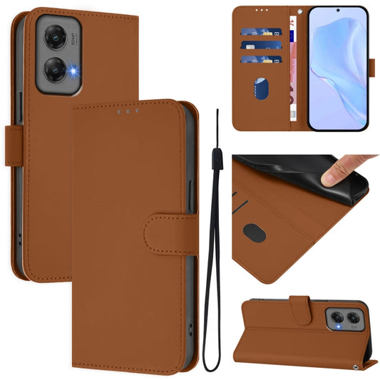 For Motorola Moto G Stylus 5G 2024 Skin Feel Solid Color Leather Phone Case with Lanyard(Brown) - Motorola Cases by buy2fix | Online Shopping UK | buy2fix