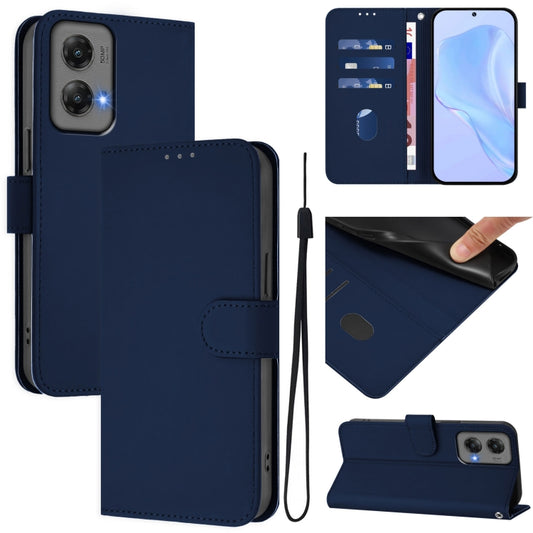 For Motorola Moto G Stylus 5G 2024 Skin Feel Solid Color Leather Phone Case with Lanyard(Navy Blue) - Motorola Cases by buy2fix | Online Shopping UK | buy2fix