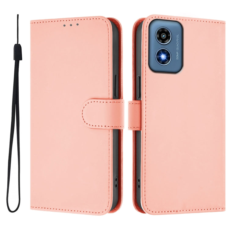 For Motorola Moto G Play 4G 2024 Global Skin Feel Solid Color Leather Phone Case with Lanyard(Pink) - Motorola Cases by buy2fix | Online Shopping UK | buy2fix