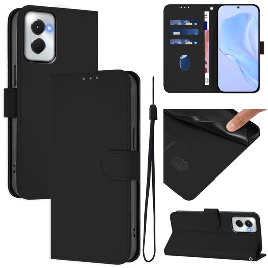 For Motorola Moto G Power 5G 2024 Skin Feel Solid Color Leather Phone Case with Lanyard(Black) - Motorola Cases by buy2fix | Online Shopping UK | buy2fix