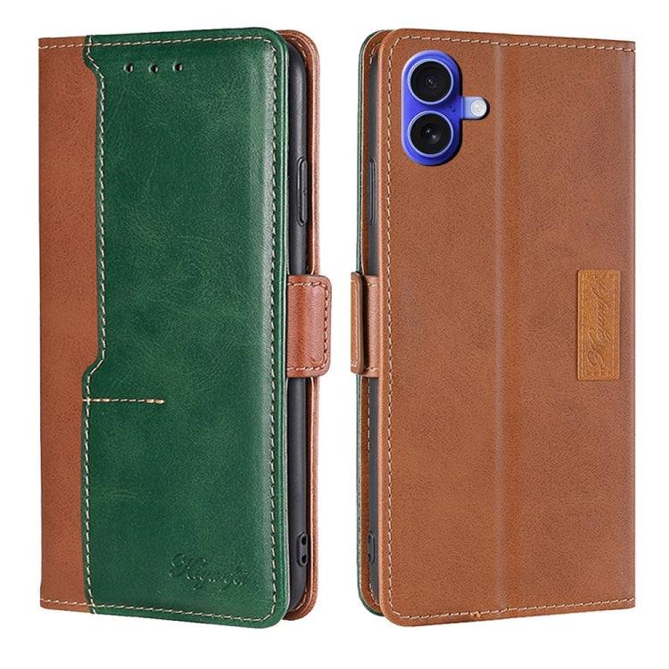 For iPhone 16 Contrast Color Side Buckle Leather Phone Case(Light Brown + Green) - iPhone 16 Cases by buy2fix | Online Shopping UK | buy2fix