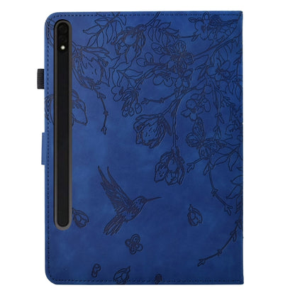 For Samsung Galaxy Tab S9 Flowers and Bird Embossed Smart Leather Tablet Case(Dark Blue) - Galaxy Tab S9 Cases by buy2fix | Online Shopping UK | buy2fix