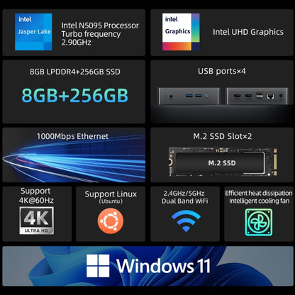 BMAX B3 Pro Windows 11 Mini PC, 8GB+256GB, Intel Celeron Processor N5095, Support HDMI / RJ45(US Plug) - Windows Mini PCs by BMAX | Online Shopping UK | buy2fix