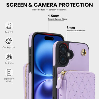 For iPhone 16 Plus AwQuer Crossbody Zipper Wallet Rhombic Leather Back Phone Case(Purple) - iPhone 16 Plus Cases by Awquer | Online Shopping UK | buy2fix