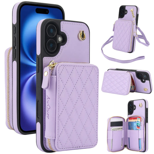 For iPhone 16 AwQuer Crossbody Zipper Wallet Rhombic Leather Back Phone Case(Purple) - iPhone 16 Cases by Awquer | Online Shopping UK | buy2fix