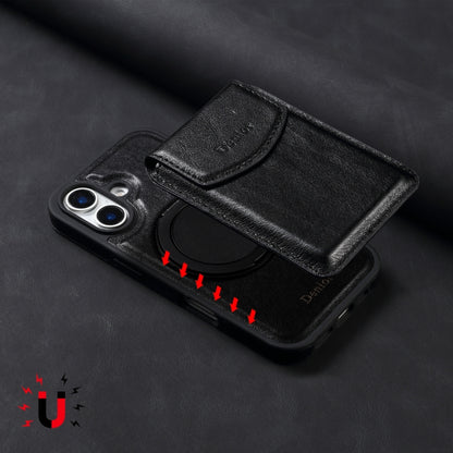 For iPhone 16 Denior D22 Genuine Leather MagSafe Holder Detachable Card Slot Phone Case(Black) - iPhone 16 Cases by Denior | Online Shopping UK | buy2fix