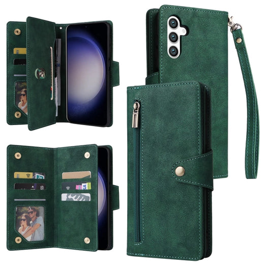 For Samsung Galaxy S25 5G Rivet Buckle 9 Cards Three Fold Leather Phone Case(Green) - Galaxy S25 5G Cases by buy2fix | Online Shopping UK | buy2fix