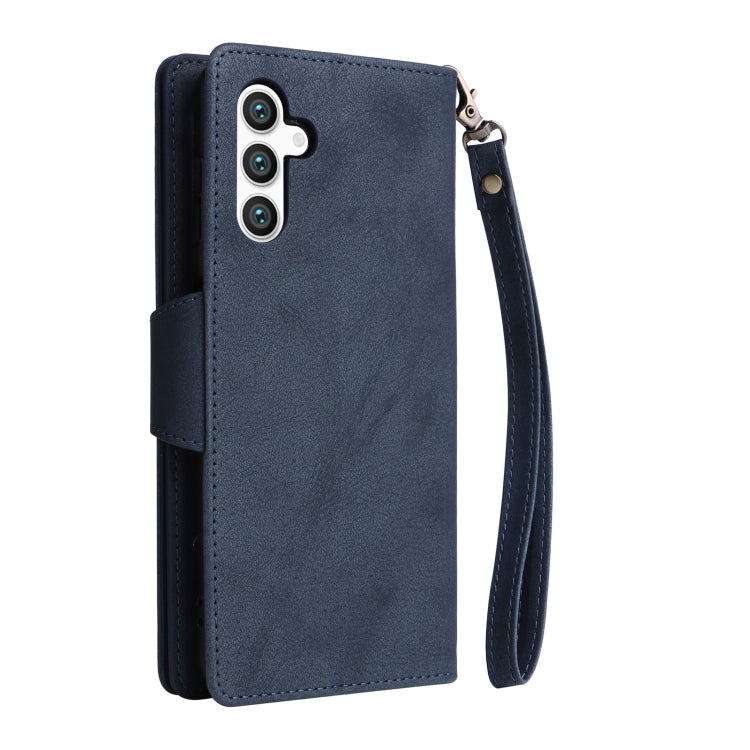 For Samsung Galaxy S25 5G Rivet Buckle 9 Cards Three Fold Leather Phone Case(Blue) - Galaxy S25 5G Cases by buy2fix | Online Shopping UK | buy2fix