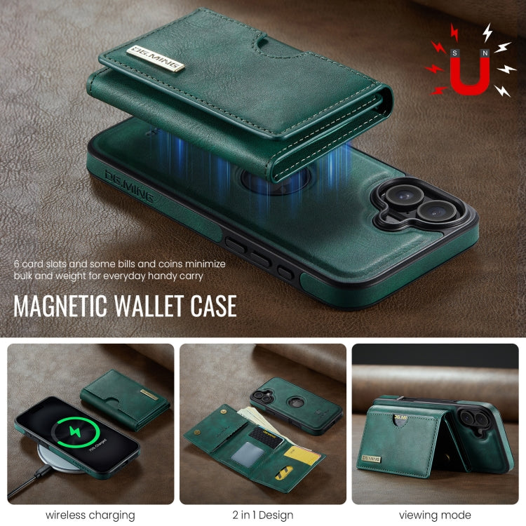 For iPhone 16 DG.MING M6 Series RFID Tri-fold Card Bag Removable Leather Phone Case(Green) - iPhone 16 Cases by DG.MING | Online Shopping UK | buy2fix