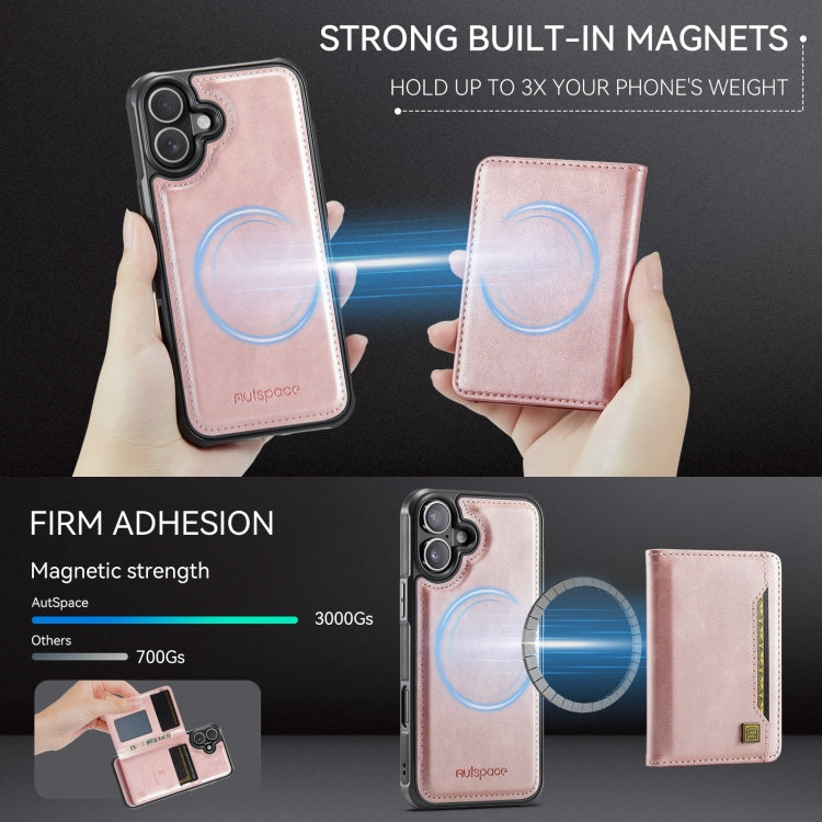 For iPhone 16 AutSpace A13 MagSafe Magnetic RFID Flip Card Bag Phone Case(Rose Gold) - iPhone 16 Cases by AutSpace | Online Shopping UK | buy2fix