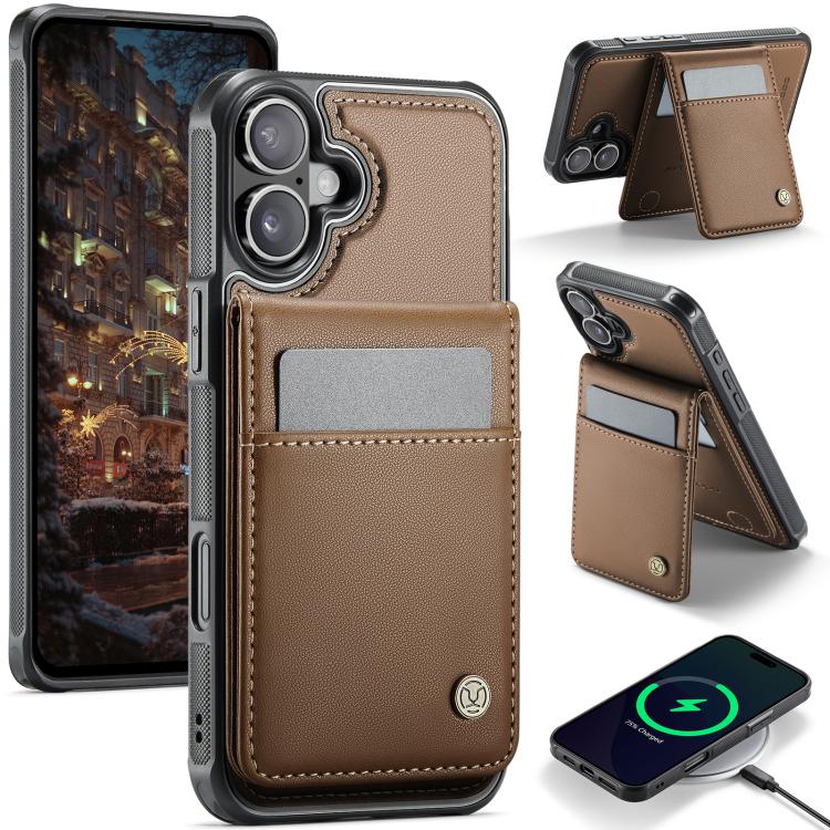 For iPhone 16 JEEHOOD J06 British Style RFID MagSafe Card Bag PU Phone Case(Brown) - iPhone 16 Cases by JEEHOOD | Online Shopping UK | buy2fix