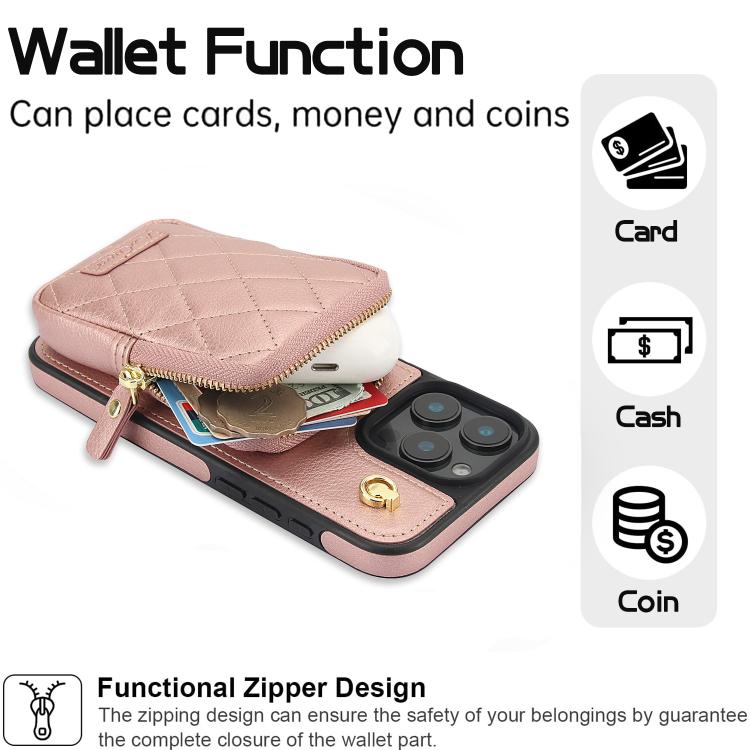 For iPhone 16 Pro AwQuer Crossbody Zipper Wallet Bag Litchi Leather Phone Case(Rose Gold) - iPhone 16 Pro Cases by Awquer | Online Shopping UK | buy2fix