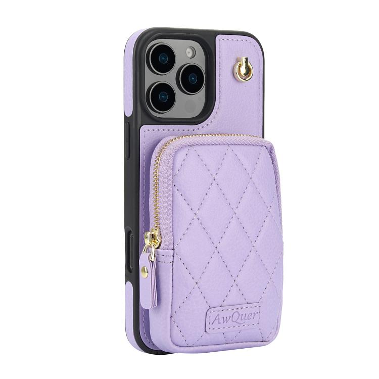 For iPhone 16 Pro AwQuer Crossbody Zipper Wallet Bag Litchi Leather Phone Case(Light Purple) - iPhone 16 Pro Cases by Awquer | Online Shopping UK | buy2fix