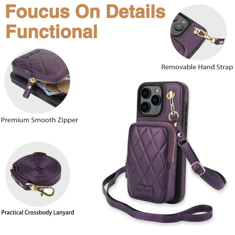 For iPhone 16 Plus AwQuer Crossbody Zipper Wallet Bag Litchi Leather Phone Case(Dark Purple) - iPhone 16 Plus Cases by Awquer | Online Shopping UK | buy2fix