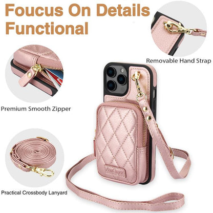 For iPhone 16 AwQuer Crossbody Zipper Wallet Bag Litchi Leather Phone Case(Rose Gold) - iPhone 16 Cases by Awquer | Online Shopping UK | buy2fix