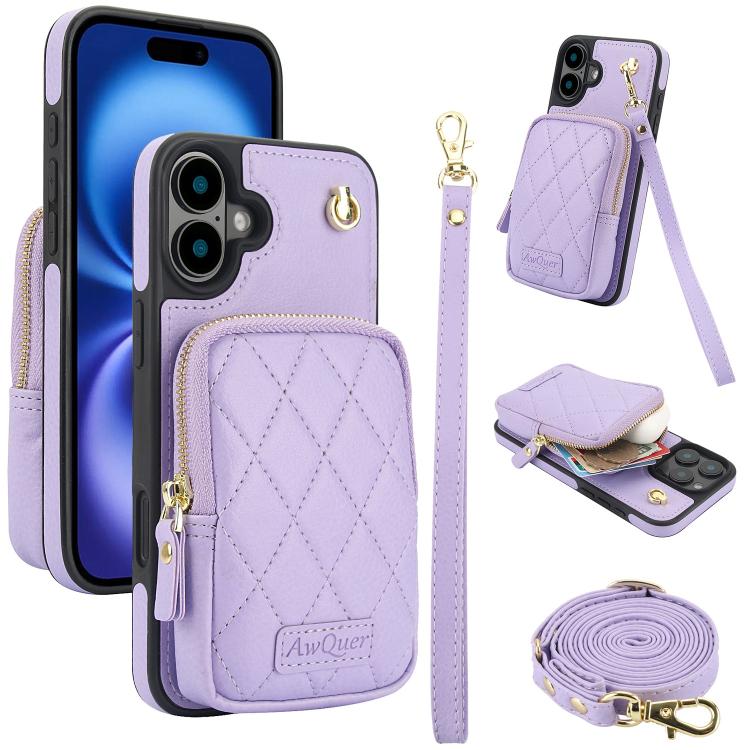 For iPhone 16 AwQuer Crossbody Zipper Wallet Bag Litchi Leather Phone Case(Light Purple) - iPhone 16 Cases by Awquer | Online Shopping UK | buy2fix