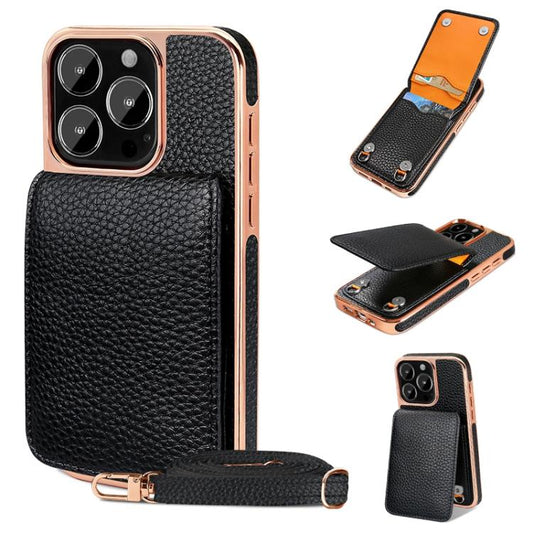 For iPhone 16 Pro VIETAO Litchi Texture Wallet PU Phone Case with Lanyard(Black) - iPhone 16 Pro Cases by VIETAO | Online Shopping UK | buy2fix