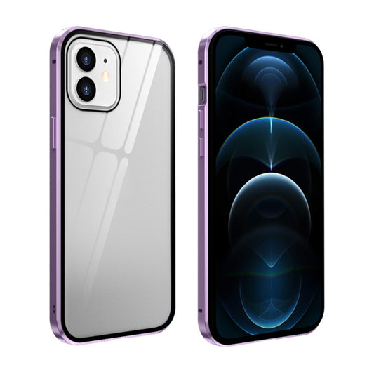 For iPhone 12 Pro Max Double Sides Tempered Glass Magnetic Adsorption Metal Frame Anti-peep Screen Case(Light Purple) - iPhone 12 Pro Max Cases by buy2fix | Online Shopping UK | buy2fix