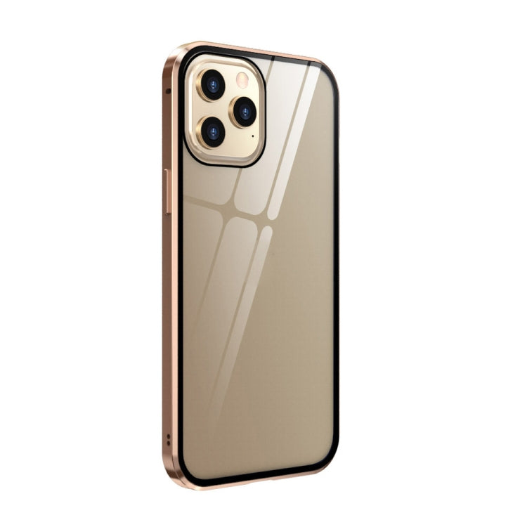 For iPhone 12 / 12 Pro Double Sides Tempered Glass Magnetic Adsorption Metal Frame Anti-peep Screen Case(Gold) - iPhone 12 / 12 Pro Cases by buy2fix | Online Shopping UK | buy2fix