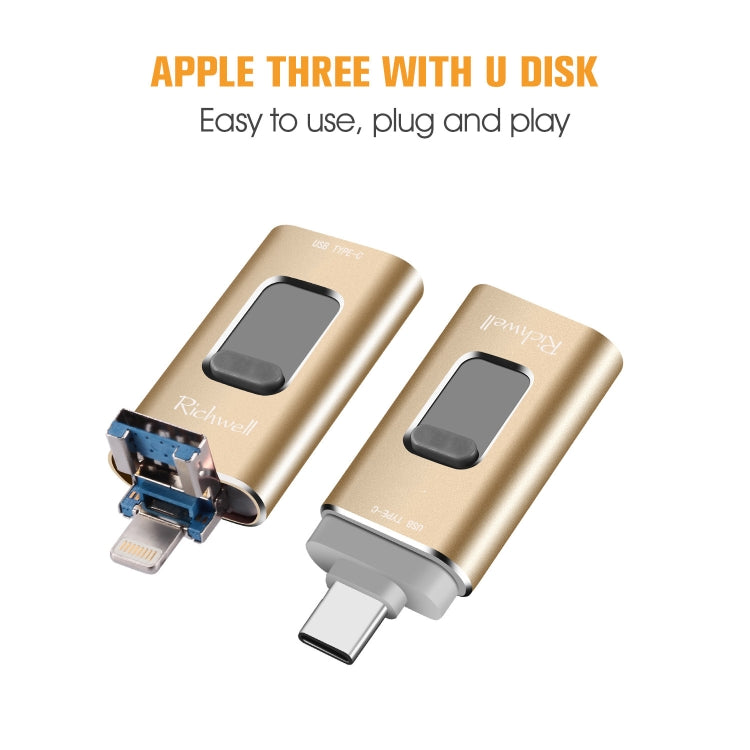 Richwell 3 in 1 16G Type-C + 8 Pin + USB 3.0 Metal Push-pull Flash Disk with OTG Function(Rose Gold) - U Disk & Card Reader by Richwell | Online Shopping UK | buy2fix