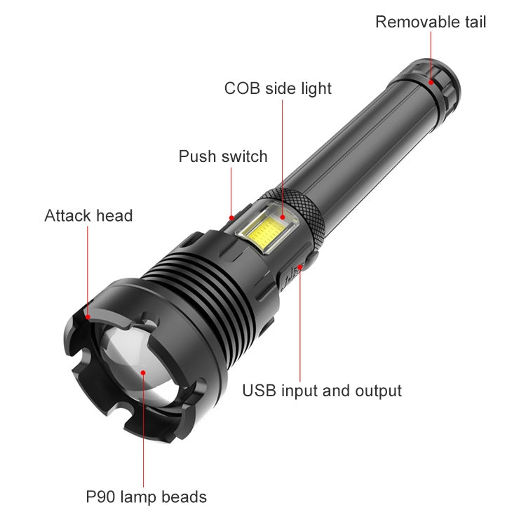 Long Style Micro USB Charging Outdoor Waterproof P90 + COB LED Flashlight, Support Power Display & Telescopic Focusing & 7-level Brightness Adjustment - LED Flashlight by buy2fix | Online Shopping UK | buy2fix