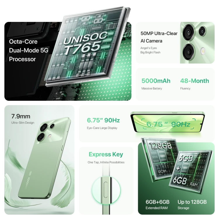 [HK Warehouse] UMIDIGI G9 5G, 6GB+128GB, Side Fingerprint & Face ID Identification, 6.75 inch Android 14 UNISOC T765 Octa Core, Network: 5G (Lake Green) - UMIDIGI by UMIDIGI | Online Shopping UK | buy2fix