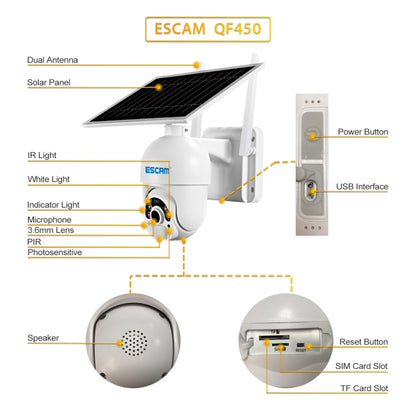 ESCAM QF450 HD 1080P 4G EU Version Solar Powered IP Camera with 16G Memory, Support Two-way Audio & PIR Motion Detection & Night Vision & TF Card - Dome Camera by ESCAM | Online Shopping UK | buy2fix