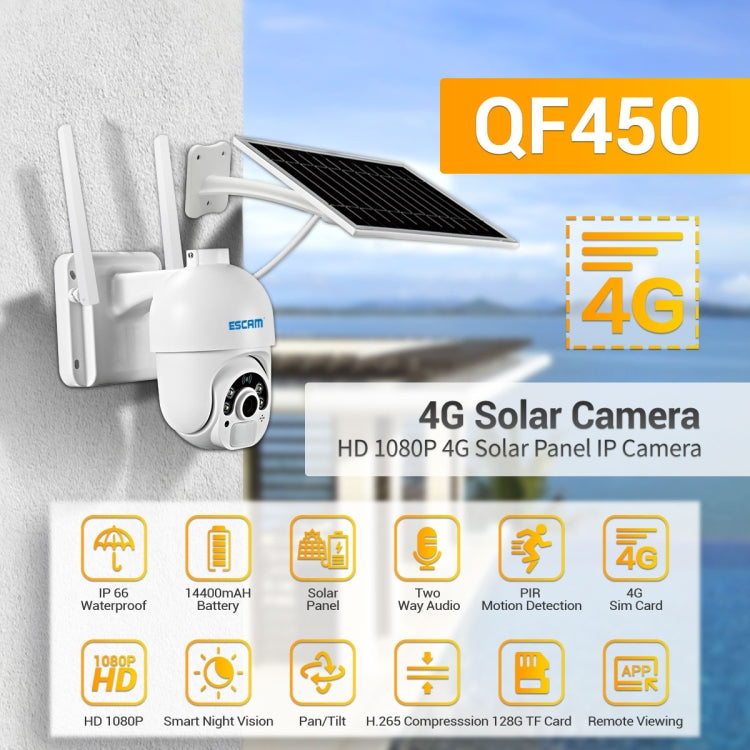 ESCAM QF450 HD 1080P 4G EU Version Solar Powered IP Camera with 16G Memory, Support Two-way Audio & PIR Motion Detection & Night Vision & TF Card - Dome Camera by ESCAM | Online Shopping UK | buy2fix