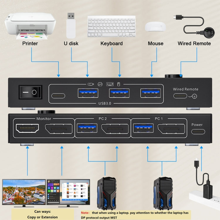 KC-KVM212DH 4K 60HZ USB3.0 DP Dual Display KVM Switcher with MST Dual Screen Extension Replication - Switch by buy2fix | Online Shopping UK | buy2fix