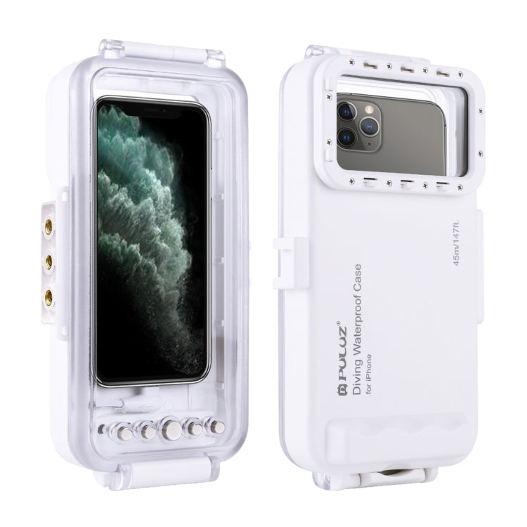 PULUZ 45m/147ft Waterproof Diving Case Photo Video Taking Underwater Housing Cover for iPhone 14 Series, iPhone 13 Series, iPhone 12 Series, iPhone 11 Series, iPhone X Series, iPhone 8 & 7, iPhone 6s, iOS 13.0 or Above Version iPhone(White) - iPhone 14 Pro Cases by PULUZ | Online Shopping UK | buy2fix