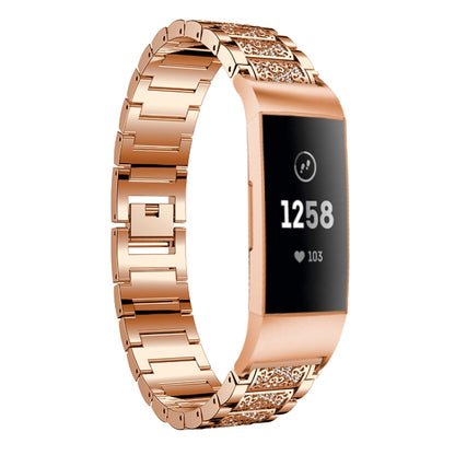 Diamond-studded Solid Stainless Steel Watch Band for Fitbit Charge 3(Rose Gold) - Watch Bands by buy2fix | Online Shopping UK | buy2fix