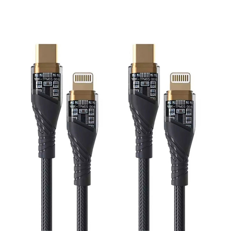 2pcs PD30W USB-C / Type-C to 8 Pin Transparent 3A Fast Charging Data Cable, Length: 1m(Black) - 2 in 1 Cable by buy2fix | Online Shopping UK | buy2fix