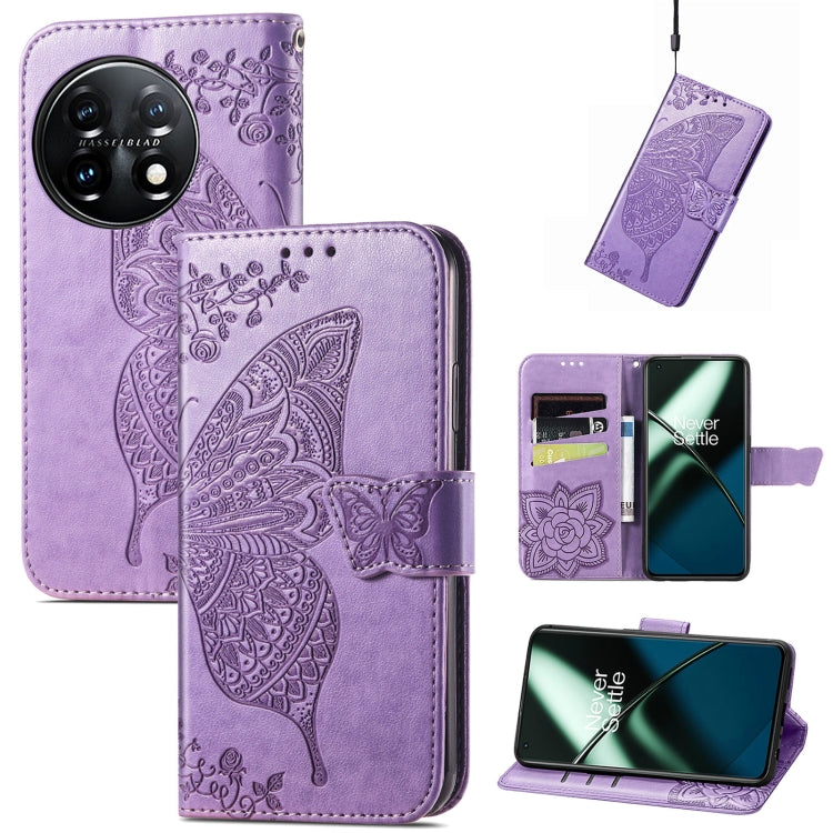 For OnePlus 11 Butterfly Love Flower Embossed Flip Leather Phone Case(Light Purple) - OnePlus Cases by buy2fix | Online Shopping UK | buy2fix