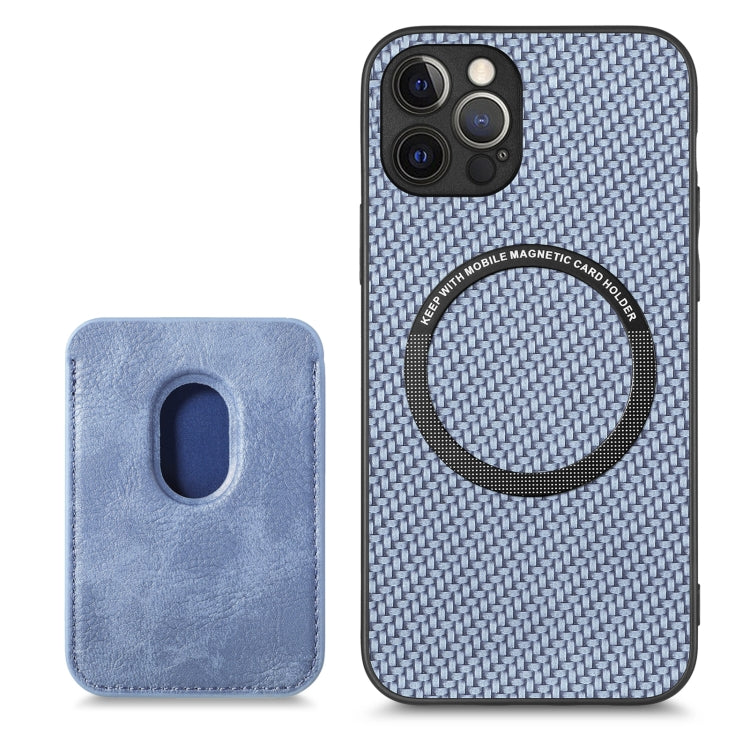 For iPhone 12 Pro Carbon Fiber Leather Card Magsafe Magnetic Phone Case(Blue) - iPhone 12 / 12 Pro Cases by buy2fix | Online Shopping UK | buy2fix