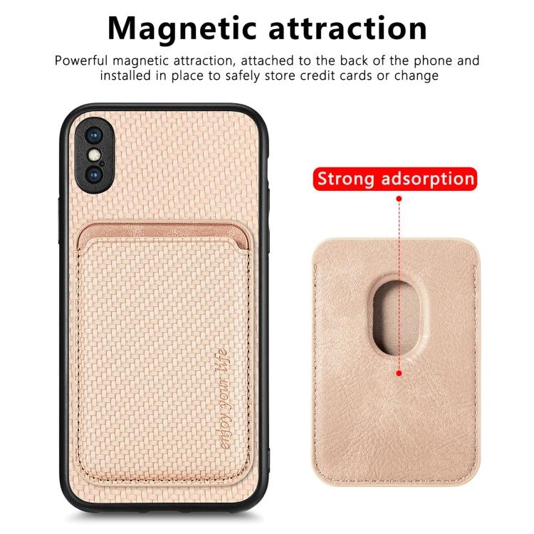 For iPhone XS Max Carbon Fiber Leather Card Magsafe Magnetic Phone Case(Khaki) - More iPhone Cases by buy2fix | Online Shopping UK | buy2fix