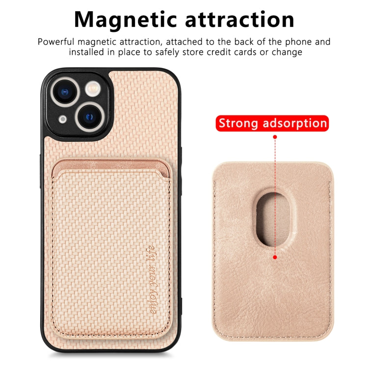 For iPhone 14 Plus Carbon Fiber Leather Card Magsafe Magnetic Phone Case(Khaki) - iPhone 14 Plus Cases by buy2fix | Online Shopping UK | buy2fix