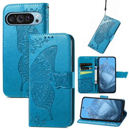 For Google Pixel 9 Butterfly Love Flower Embossed Leather Phone Case(Blue) - Google Cases by buy2fix | Online Shopping UK | buy2fix